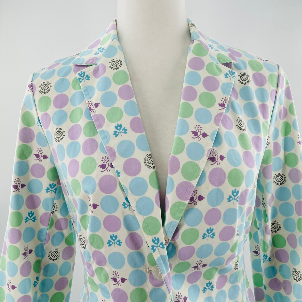 Gene Meyer Blue Purple Green Polka Dot Ditsy Floral Cotton Cropped Blazer 4 - Picture 5 of 12